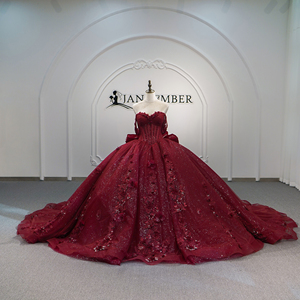 Lsmc25-Pz Luxury Burgundy <b>Red</b> Quinceanera Party Dress <b>Glitter</b> Tulle Ball Gown Beaded Corset 3D Floral Applique Bow Chapel Train - Product Image 3