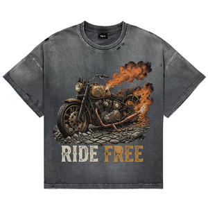 T-shirts pour hommes vintage effet vieilli, motif moto, délavés à l'acide, mode décontractée, manches courtes, avec lettres, coupe oversize, style streetwear - Product Image 1