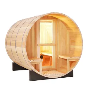 Sauna de madeira com fogão elétrico, sauna e barril ao ar livre com 6 pessoas