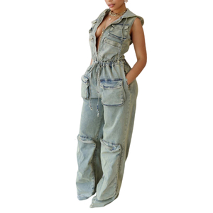 Combinaison en jean décontractée sans manches, extensible, rétro, multi-poches, à capuche, pour femme - Nouvelle collection en gros - Product Image 1