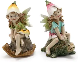 Set of 2 Whimsical Fairies On Turtle and Snail Small Resin Garden Figurines Statues