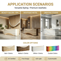Bureau d'accueil élégant à double découpe ondulée avec éclairage LED, finition brillante en MDF écologique pour salon de beauté, bureau, spa