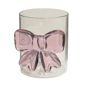 كوب زجاجي من البورسليكات العالي المقاوم للحرارة بتصميم Bambus المبتكر، سعة 300 مل، مناسب للعصير والشاي المثلج، مزين بفيونكة وردية ثلاثية الأبعاد - Product Image 3