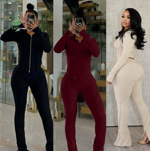 Damen Herbst Winter Sport Freizeitanzug Geripptes Patchwork Crop Top und Hose 2-teiliges Set Damenkleidung - Product Image 1