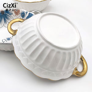 Ciotole per zuppa bianche blu in ceramica floreale con fiore goffrato bianco sfuso nordico - Product Image 3