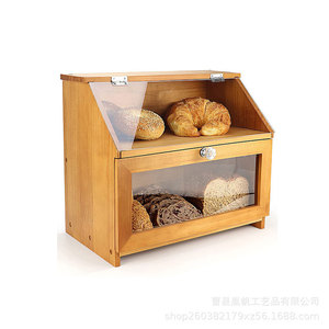 Boîte de rangement à pain en bois Vorsemy à double couche avec couvercle en verre, organisateur de pain pour la cuisine, couleur bois naturel - Product Image 5