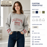 Pull en tricot vintage à col rond pour femme, imprimé lettres, coupe ample, épaules tombantes, manches longues, poignets rayés, pour l'automne et l'hiver