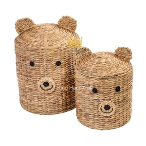High Quality Water Hyacinth Bear Shape Kids Room Bathroom Storage <b>Basket</b> Animal Woven <b>Lid</b> Eco-Friendly Durable Modern Handmade - Product Image 1