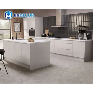 Granite Kitchen Cupboard Customized Project House Handless Granite Work Top High Gloss Solid Wood Modern Kitchen Cabinets