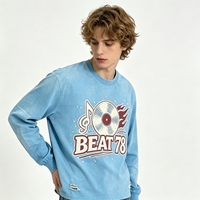T-shirt graphique BEAT 78 à manches longues bleu délavé style vintage et usé, coupe ample, streetwear, pour homme et unisexe, vente en gros