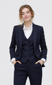 <b>Women</b>’s Premium Navy <b>Pinstripe</b> Three Piece Suit Set – Tailored Blazer with Matching Vest Waistcoat and Straight Fit <b>Trousers</b> - Product Image 5