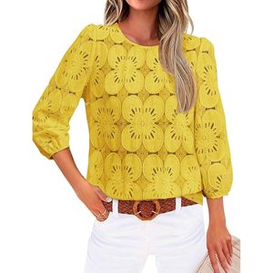 Blusa de Encaje Amarillo para Mujer con Estampado Floral, Manga Abullonada 3/4, Top Informal para Uso Diario - Product Image 2