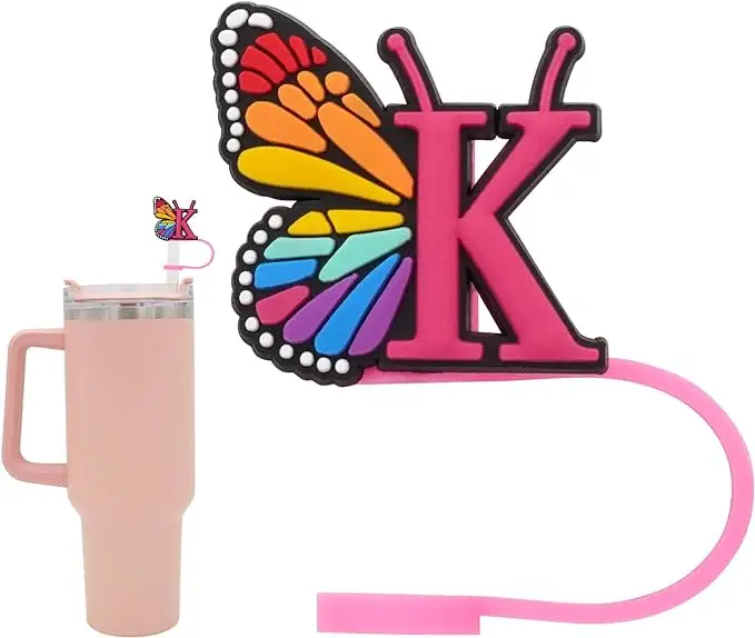 Silikon saman kapağı bardak bardak ilk mektup saman kapağı güzel kelebek tarzı 40 & 30 Oz tumbler ile uyumlu kapak