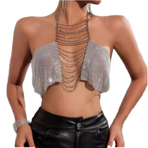 เสื้อครอปปาร์ตี้ตาข่ายประดับเพชรพลอยและพู่ห้อยแบบถักนิตติ้งสุดเซ็กซี่ บราบิกินี่แบบสายรัดโลหะหลายชั้น เครื่องประดับร่างกายแบบโซ่ - Product Image 1