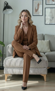 Costume pantalon 3 pièces marron pour femme, avec blazer, gilet et pantalon, ensemble élégant pour le bureau, tenue de travail formelle pour professionnelle - Product Image 4
