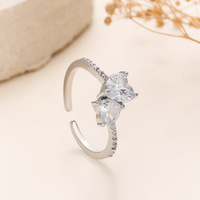 Bague ouverte réglable en laiton et zircon, double cœur, empilable, pour femme