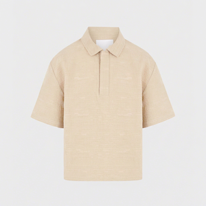 Chemise Oxford en coton beige pour homme, manches courtes, coupe classique, décontractée, avec fermeture éclair, tricotée, respirante - Product Image 1