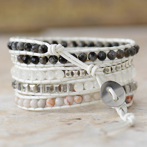 White Cowhide Rope <b>Beaded</b> <b>Bracelet</b> 5 Strand Agate Stone Handwoven Unisex Jewelry Gift - Product Image 3