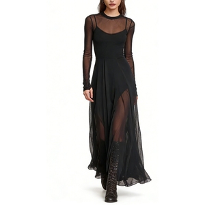 เดรสยาวผ้าตาข่ายซีทรูแขนยาวสำหรับผู้หญิง ทรงเอไลน์ชายกระโปรงไม่สมมาตร ชุดราตรีแฟชั่นสำหรับผู้หญิง - Product Image 1