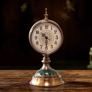 European Retro Style Desk <b>Clock</b> Circular Silent <b>Table</b> <b>Clock</b> For Living Room Decorative Standing <b>Clock</b> With Brass Base And Green - Product Image 1