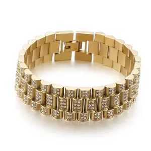 Hiphop Men Watch Band Design Banhado A Ouro Aço Inoxidável Cristal Diamante Incrustado Tripla Camada Chain Link Bracelet
