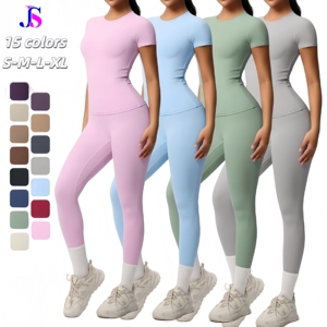JINSI Women Short Sleeve +Leggings Yoga Sets Gym Fitness Nude Sets Activewear Workout Running Clothes Quick-drying Sportswear
