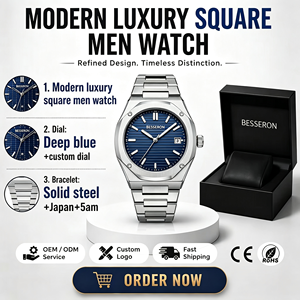 Montres pour hommes avec logo personnalisé, cadran carré en acier inoxydable argenté, cristal saphir, quartz, luxe, OEM, mode, résistantes à l'eau 5BAR - Product Image 3
