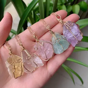 Wire Wrapped Stone Pendants Fashion Raw Crystal Jewelry Gold Plated Wire Wrapped Rough Gem Fluorite Stone Pendant Necklace For Women Necklace