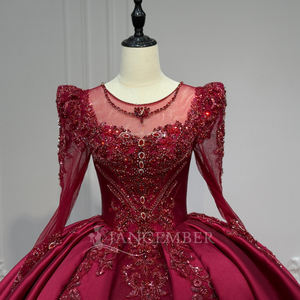 Vestido de Noche Rojo Xs245 Personalizable con Mangas Largas, Espalda Descubierta con Cordones, Apliques Modernos, Cola de Capilla, Largo hasta el Suelo, Estampado Floral - Product Image 4