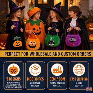 Sac à bonbons en peluche d'Halloween pour enfants – 5 modèles – Velours doux – <span class=keywords><strong>Citrouille</strong></span>, Sorcière, Chat, Vampire – Écologique, Réutilisable, Personnalisable – Pour Fête - Product Image 6