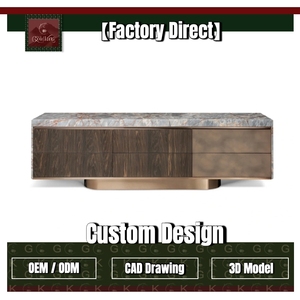 GOLDKING Mueble de <span class=keywords><strong>TV</strong></span> Moderno para Sala de Estar, Mármol Patagonia Blanco con Vetas Marrones, Madera de Nogal, Cajones de Metal Cobre, Fabricación Personalizada OEM - Product Image 1