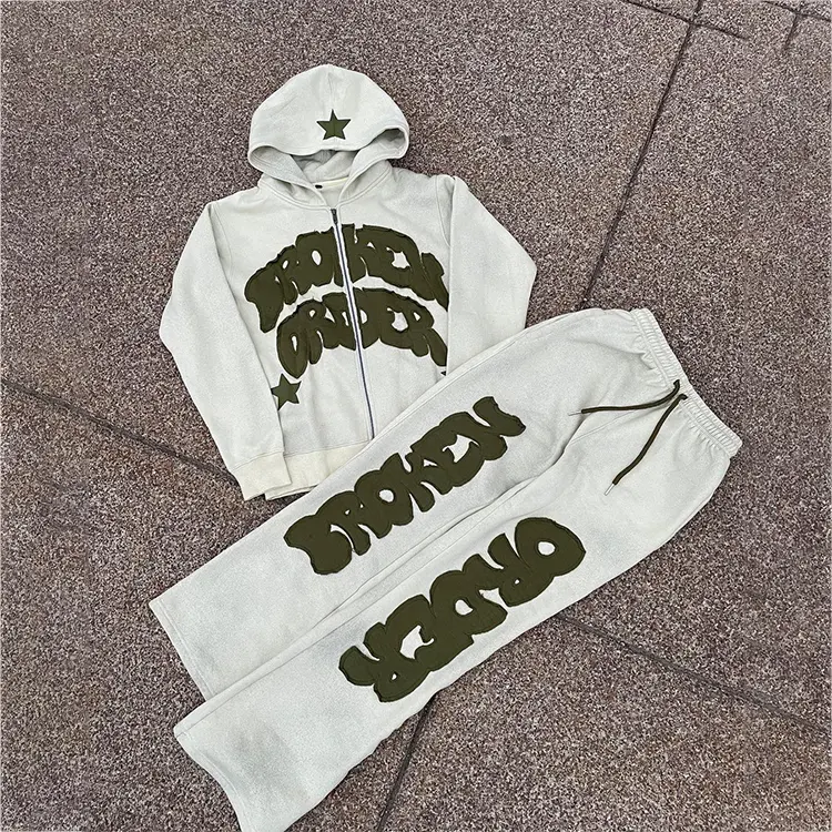 Özel ağır fransız terry aplike nakış seti toptan moda hoodie ve sweatpants için streetwear erkekler