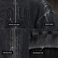Sweat à capuche personnalisé en molleton épais 450 GSM, délavé anthracite vintage, avec appliqué effiloché, épaules tombantes, coutures délavées, style Gothic Soul, coupe courte zippée, streetwear