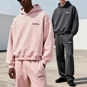 Ensemble de survêtement en coton épais et ample pour homme, avec pantalon à jambes larges et sweat à capuche, personnalisable, pour la vente en gros - Product Image 3