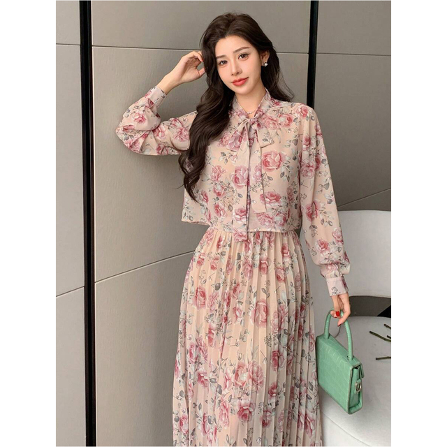 Sweet Floral Print Chiffon Tops and Casual Midi Skirt Set for Women Autumn Season Woven Clothing Suit Fits All Sizes