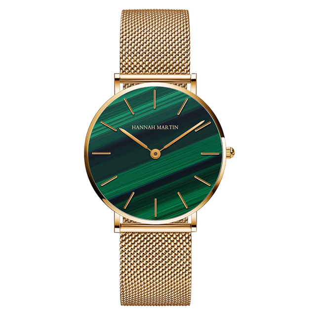 Hannah Martin Ck36 Japanese Movement Stainless Steel Woven Mesh Band Quartz Watch Ladies Rose Gold Green Malachite Dial Watch