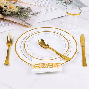 Assiettes jetables en plastique de 7,5 et 10,25 pouces avec bordure dorée de qualité supérieure pour les mariages - Product Image 3