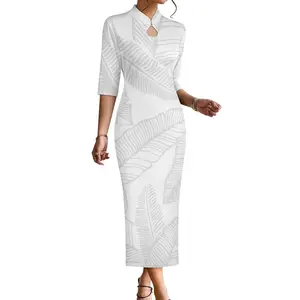 2024 neues weißes graues Design polynesisches samoanisches traditionelles Muster Wassertropfen-Kleid neo-chinesischer Stil Stilkleid weiß Sonntag
