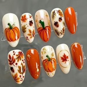NBL-JX-257 Uñas Postizas 3D de Halloween con Diseño de Calabaza, Hoja de Arce y Bolea, 30 Piezas, Reutilizables, Cobertura Completa, Puntas de Uñas Hechas a Mano - Product Image 1