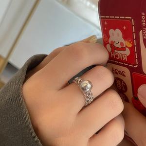 Bague en argent pur S925, design de niche haut de gamme, dentelle creuse, perle, avec index réglable, cadeau de luxe pour petite amie - Product Image 5