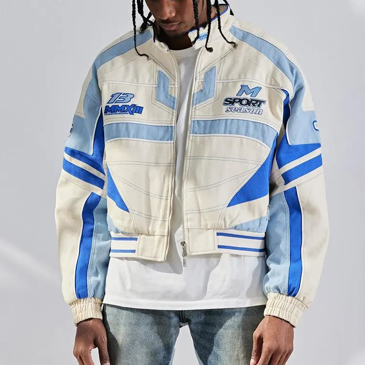 Ricamo Applique personalizzato 100% tela di cotone Crop Bomber MOTO giacca da MOTO da volo con cerniera da uomo