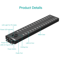 Adaptador Hub USB 2.0 de 32 Puertos Sipolar A832, Cargador USB para Teclado de Juegos, Estación de Carga para Tabletas