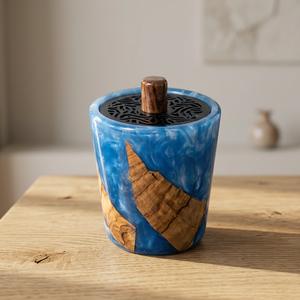 Quemador de Incienso de Madera Hecho a Mano con Incrustaciones de Resina Azul, Difusor Aromático para Uso en Todas las Estaciones, Ramadán, Eid, Hogar, Hotel, Restaurante, Aromaterapia - Product Image 1