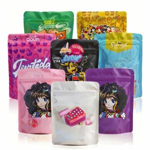 Bolsa Mylar de tacto suave de 3,5G personalizada, cremallera plana hermética con estampado de dibujos animados, a prueba de olores para dulces, gelatina de leche, otros comestibles - Product Image 1