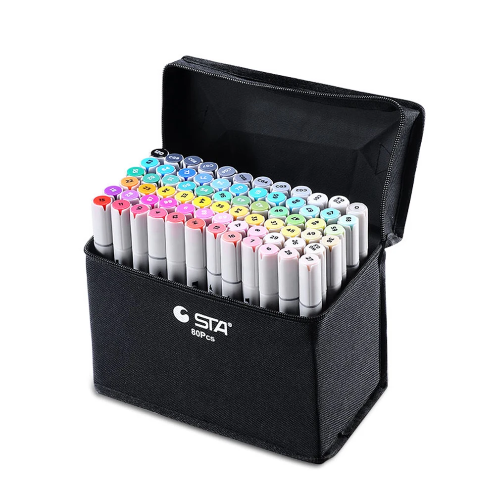 STA Professional Dual Tip Alcohol-Based Color Markers Set 128 Piece Plastic Art Marker Drawing Fine Tip Pen