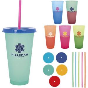 Bicchieri in Plastica Riutilizzabili da 24 oz con Cambio Colore, Coperchio e Cannuccia, Economici all'Ingrosso - Product Image 1