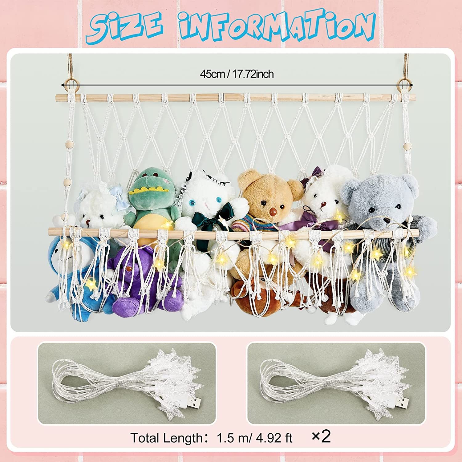 Guyode Hamac Rangement Peluches 4m – 2 Pièces Avec 40 Pinces Métal, Organisateur Jouets Enfant Suspendu, Décoration Bohème Chambre Bébé