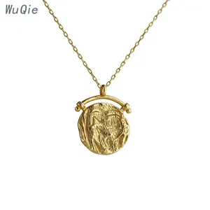 Wuqie Korean Style Relief Design Coin Necklace 18K Gold Plated Sterling Silver Pendant Necklace