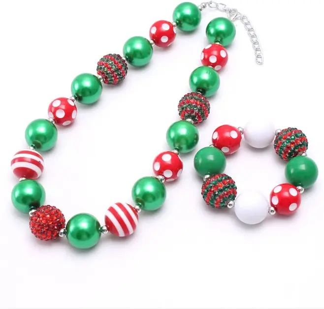 Christmas Beads Necklace Bracelet Child Girls Chunky Red/Green Beaded Jewelry Set For Baby Party Gift