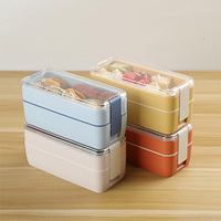 Boîte à lunch avec fourchette et cuillère, boîte bento double couche à motif de dessin animé, couvercle transparent, clips de verrouillage, sans BPA, étanche, portable pour les enfants à l'école